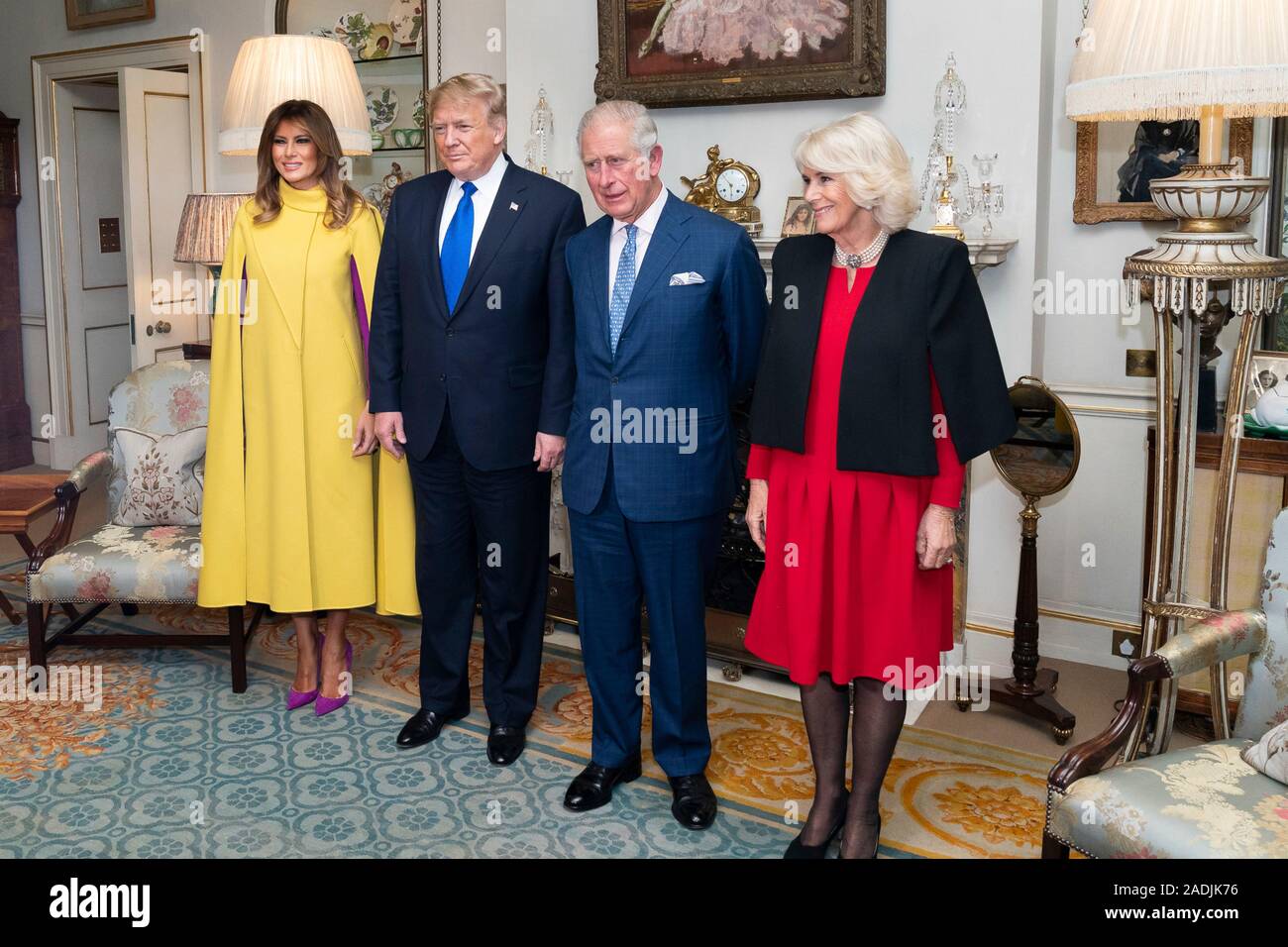 London, United Kingdom. 03 December, 2019. U.S. President Donald Trump, First Lady Melania Trump, Prince Charles, Prince of Wales and Camilla, Duchess of Cornwall stand for a photo at Clarence House December 3, 2019 in London, United Kingdom.   Credit: Shealah Craighead/Planetpix/Alamy Live News Stock Photo