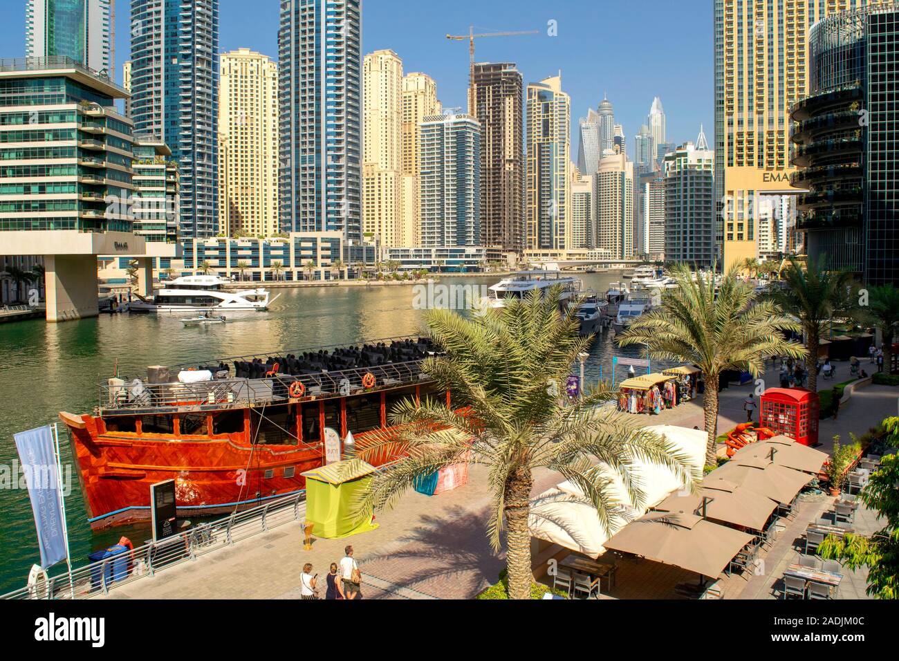 Dubai / UAE - November 7, 2019: Dubai Marina modern district with buildings and river. Beautiful Dubai Marina walk. Stock Photo