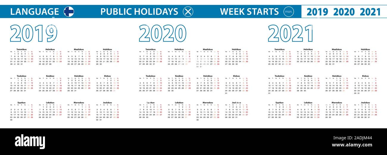 Simple calendar template in Finnish for 2019, 2020, 2021 years. Week starts from Monday. Vector illustration. Stock Vector