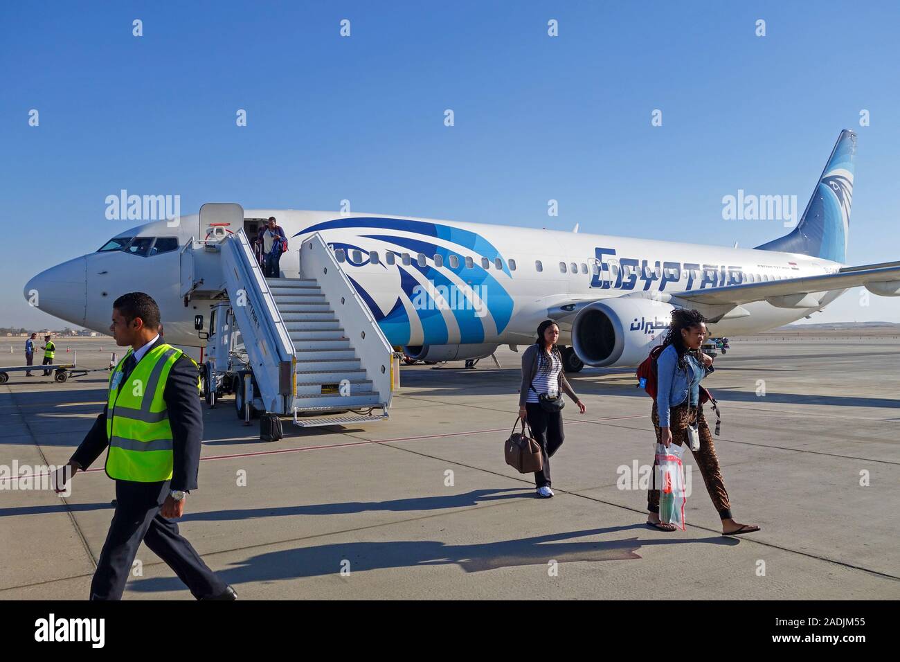 A Boeing 737 Max 800, call sign SU-GCN, an aeroplane, plane or aircraft belonging to the Airline Egyptair, at Luxor International Airport, Egypt Stock Photo