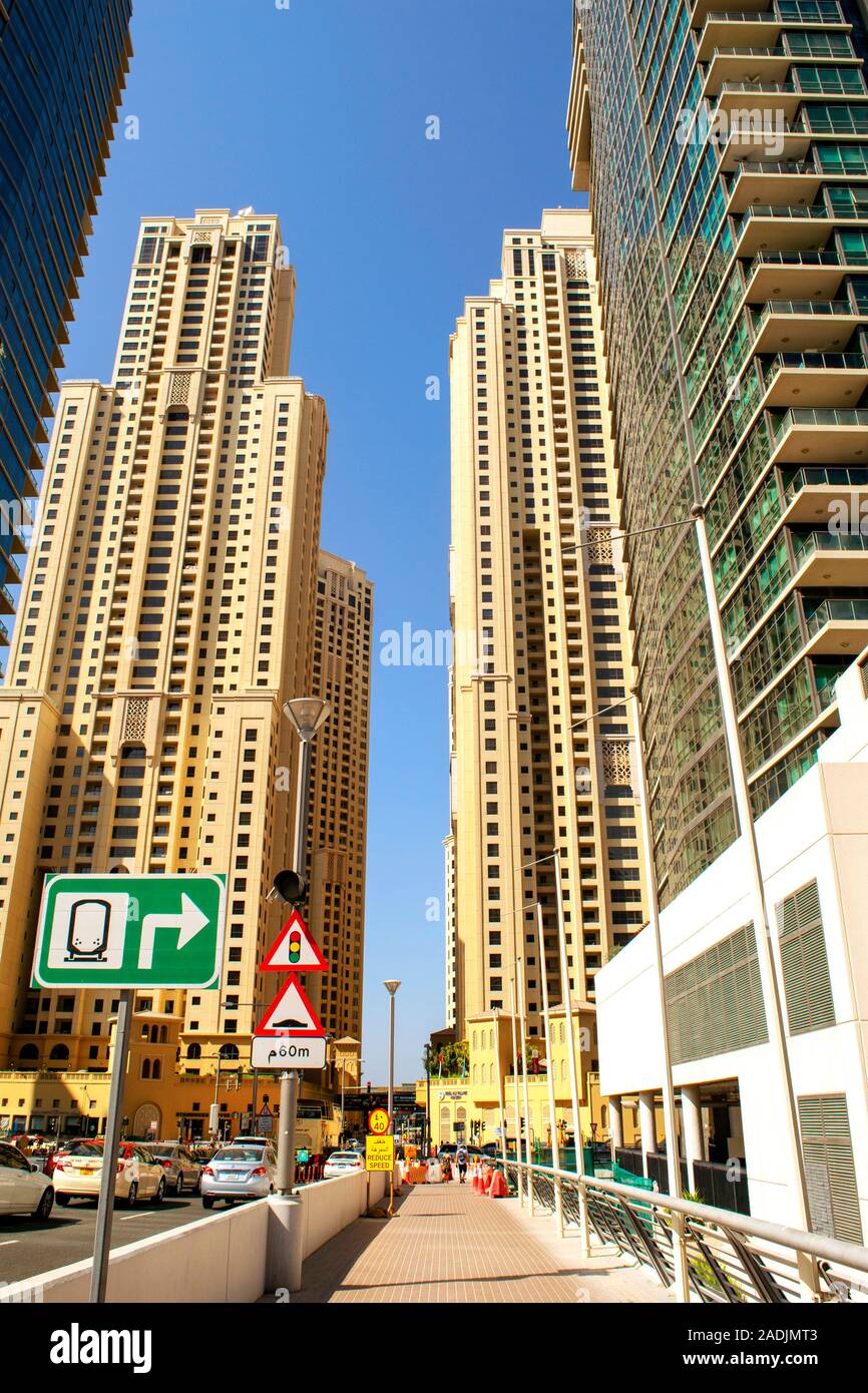 Dubai/UAE - November 7, 2019: View on JBR street. Jumeirah Beach Residence. Dubai road and bridge. Stock Photo