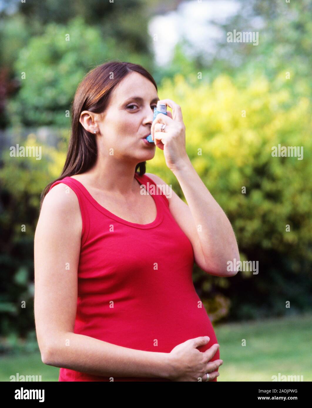 Asthmatic pregnant woman. Woman using an aerosol inhaler to control her
