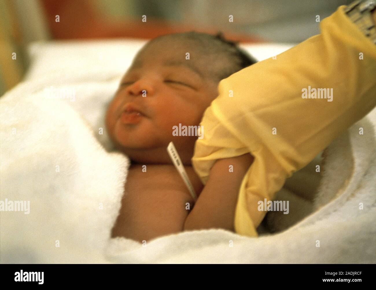 Baby's temperature. Newborn baby boy has his body temperature taken by