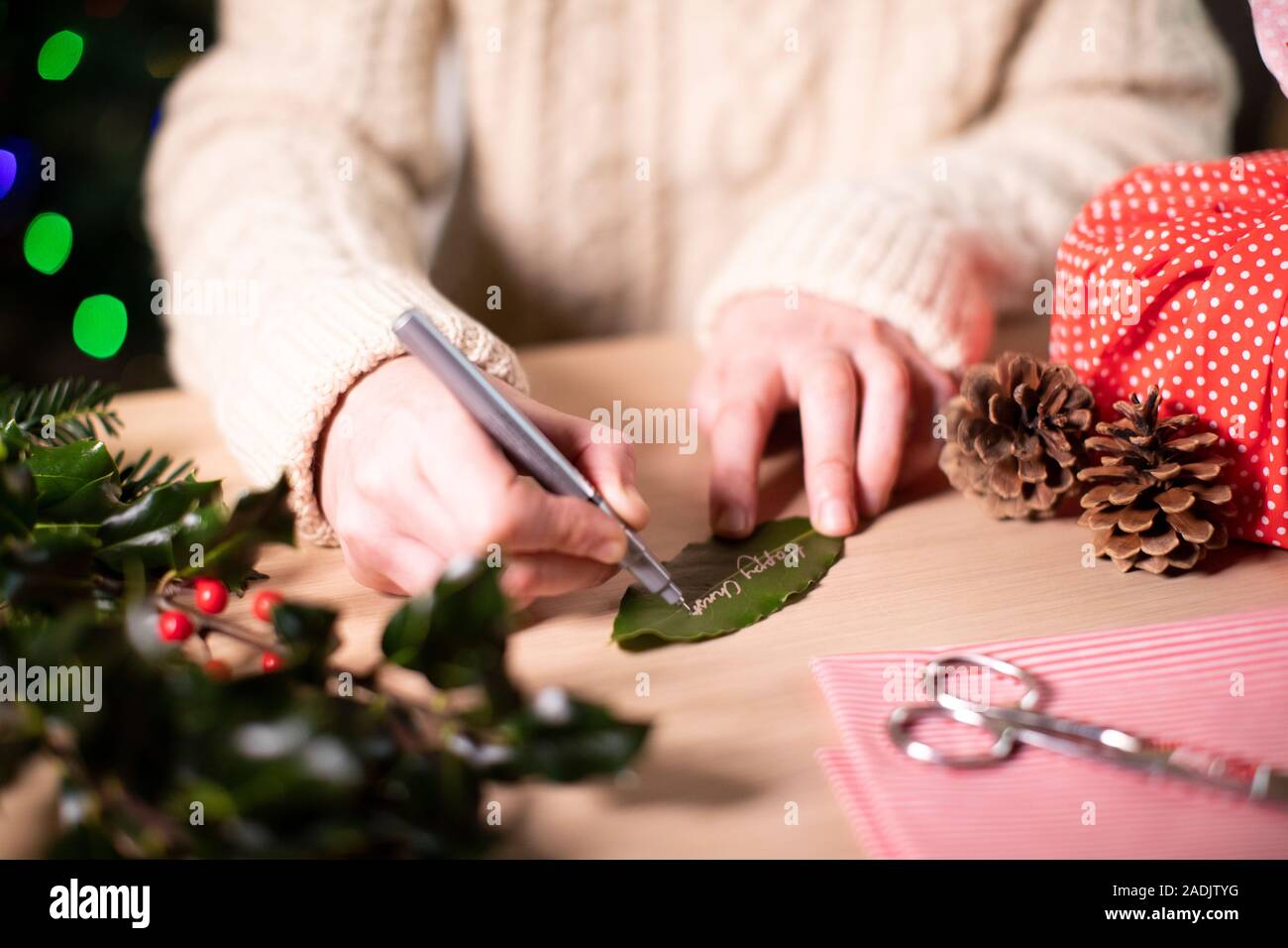 Woman Writing On Gift Tag Made From Bay Leaf For Eco Friendly Christmas Gift Stock Photo