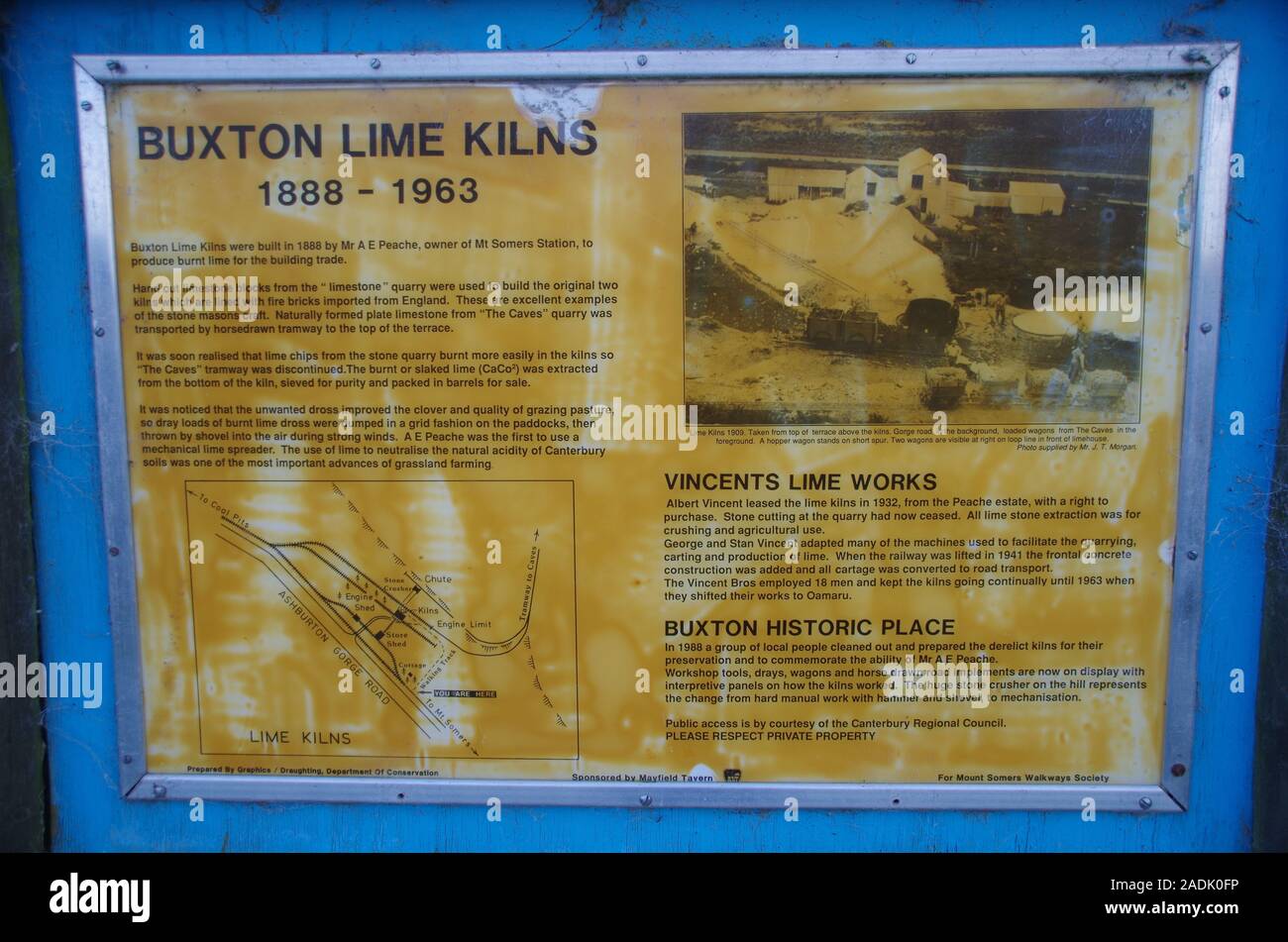 Information board. Te Araroa Trail. Buxton lime kilns. South Island