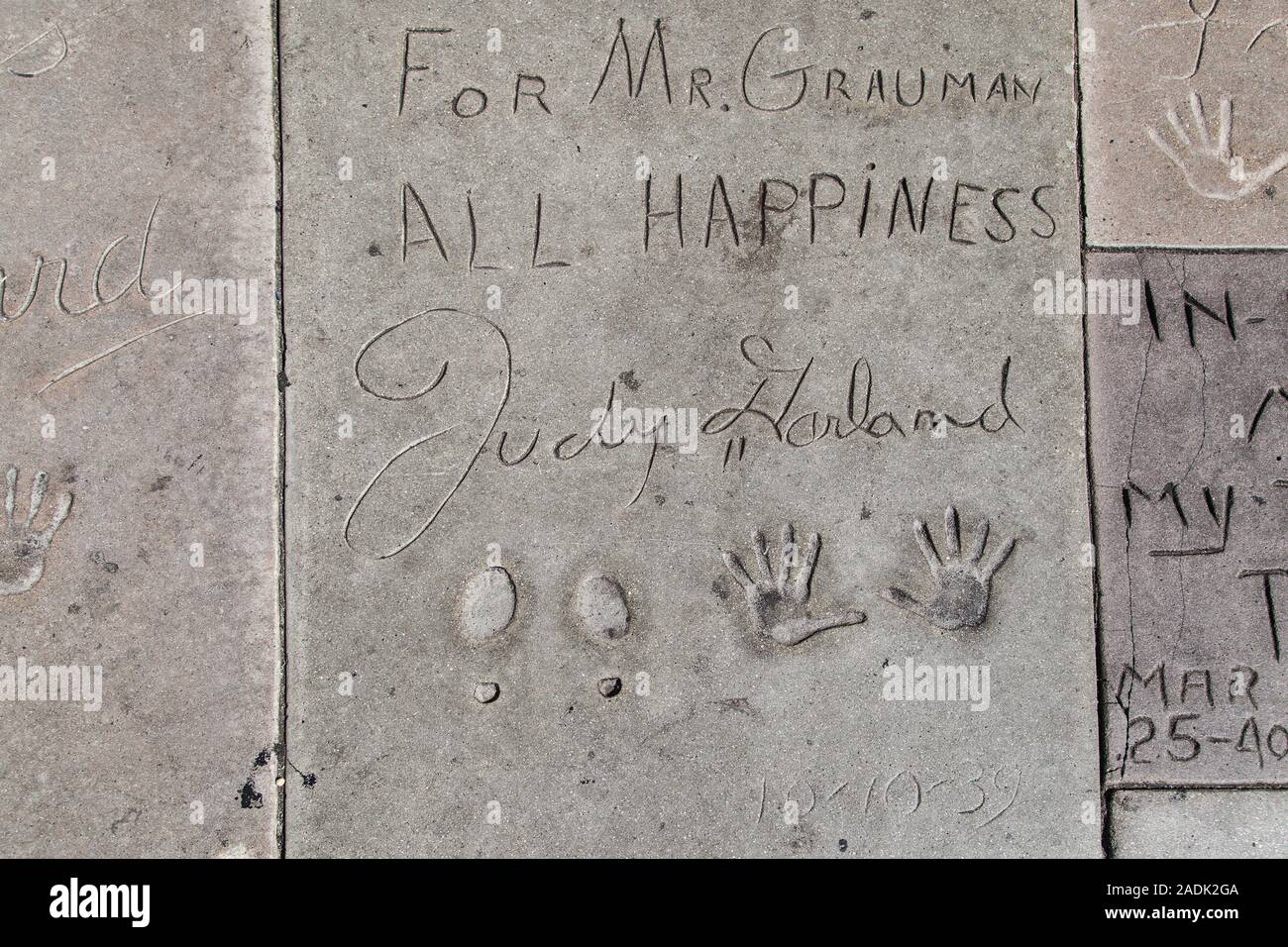 Los Angeles, California - September 07, 2019: Hand and footprints of actress Judy Garland in the Grauman's Chinese Theatre forecourt, Hollywood. Stock Photo