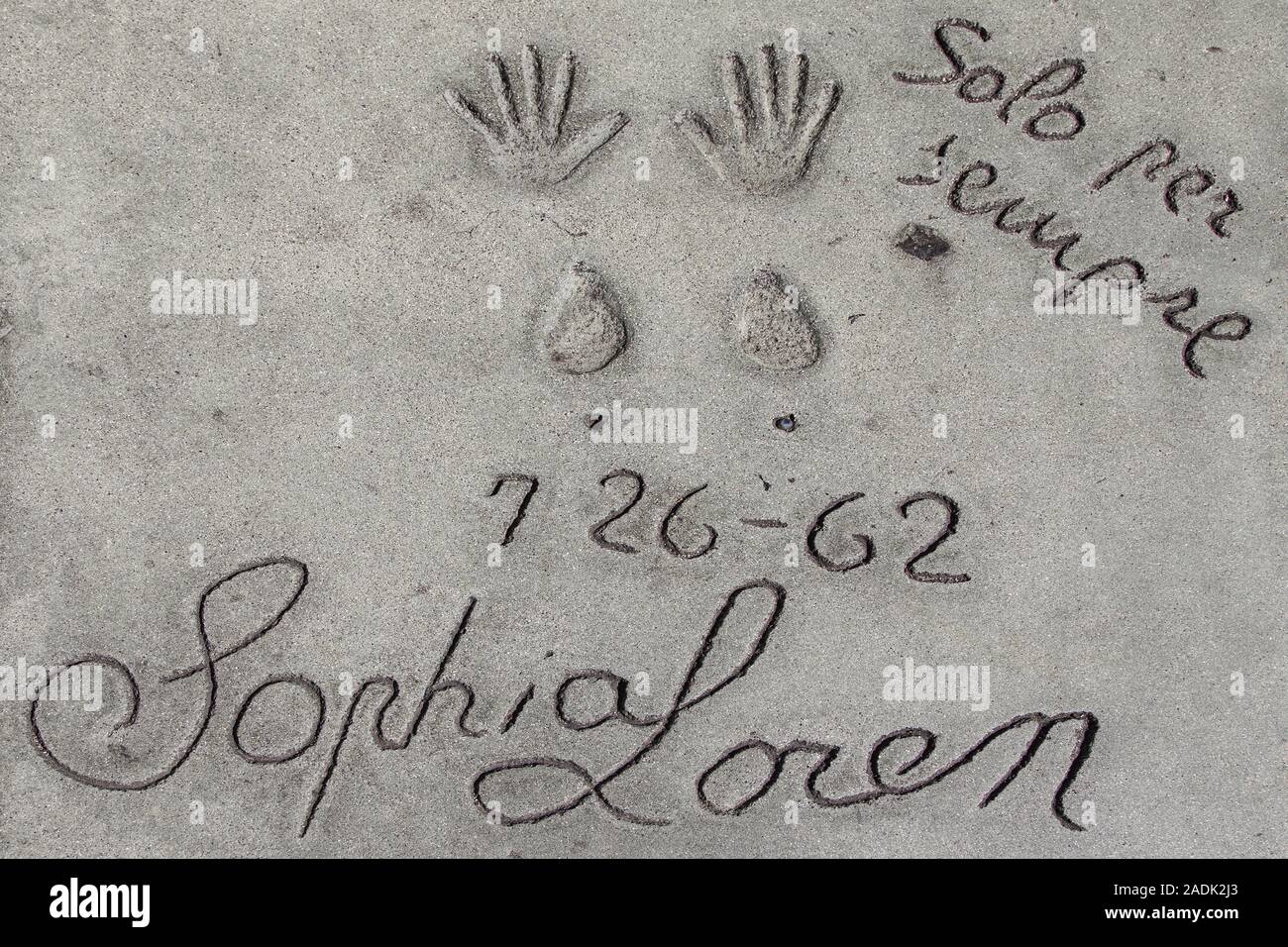 Los Angeles, California - September 07, 2019: Hand and footprints of actress Sophia Loren in the Grauman's Chinese Theatre forecourt, Hollywood. Stock Photo