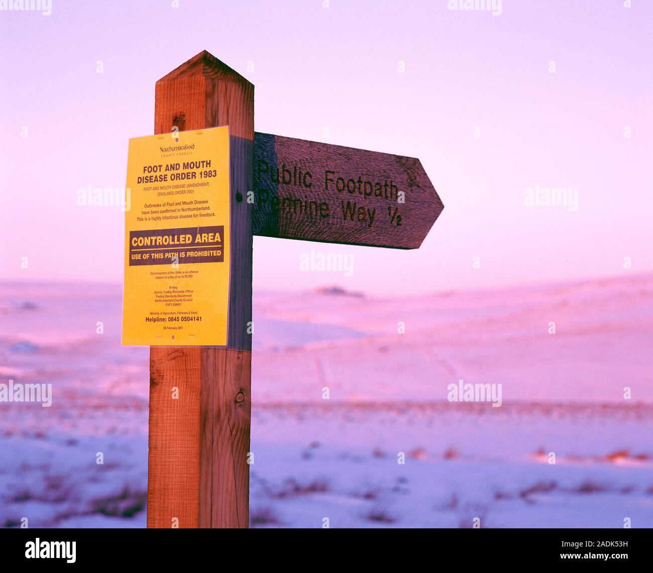 Foot and mouth disease. Sign informing walkers of the closure of the