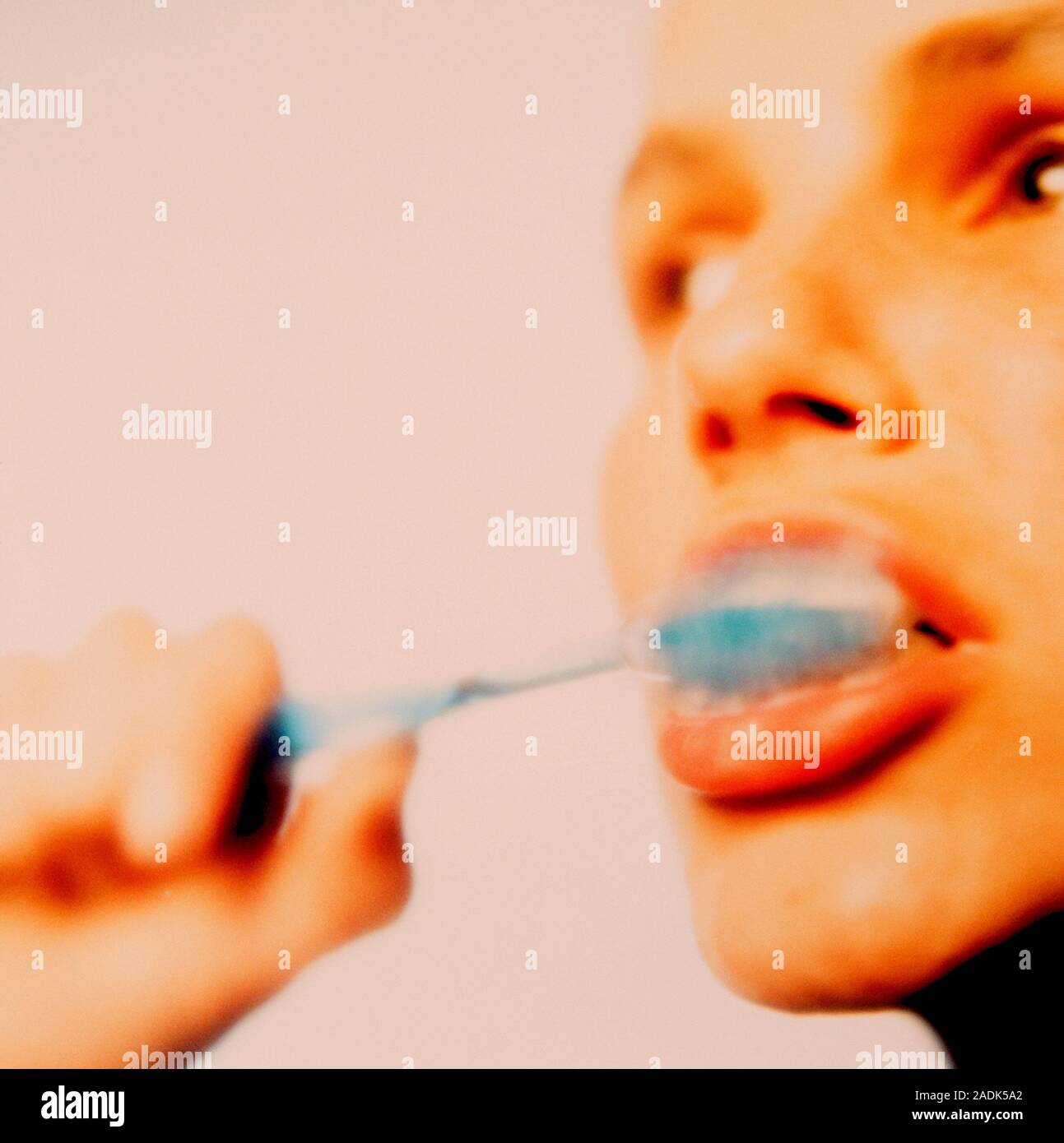 Toothbrushing. Woman brushing her teeth with toothpaste. Regular