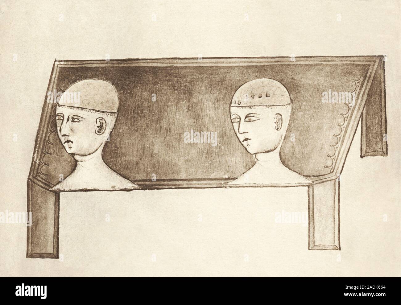 Brain anatomy, 14th century artwork. At left, the cranial vault (top of ...