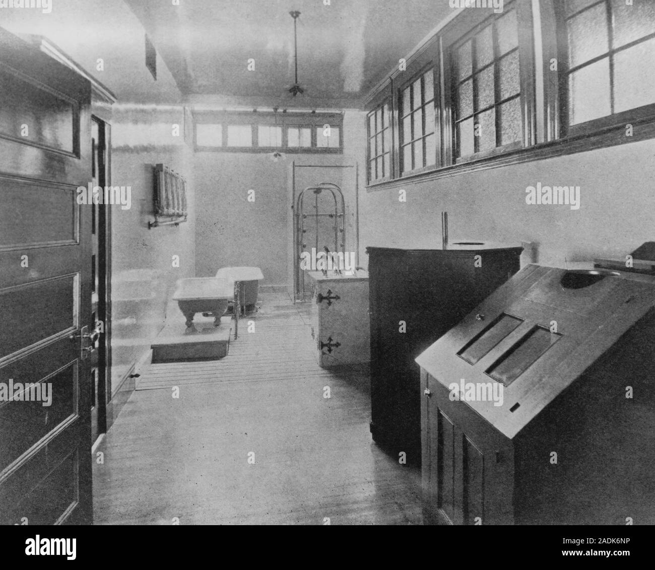 Interior of the hydropathic room in a psychiatric hospital showing the