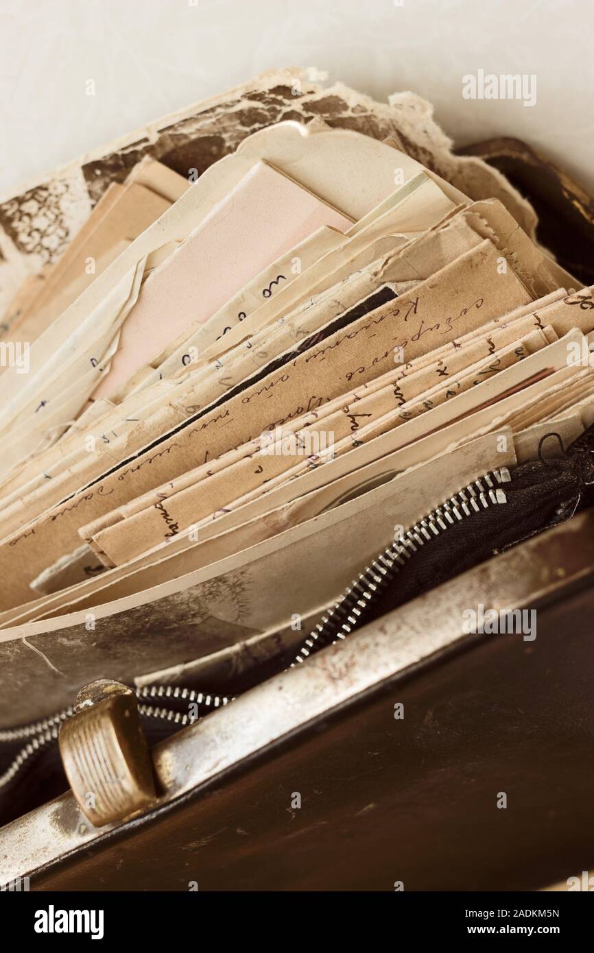 Old mail letters 20th century in the vintage handbag, closeup Stock Photo