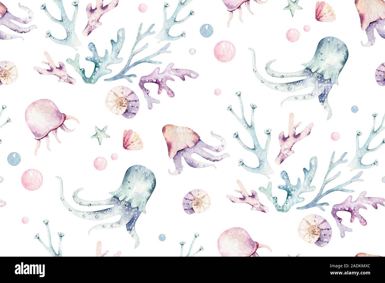 Sea animals blue watercolor ocean seamless pettern fish, turtle, whale ...