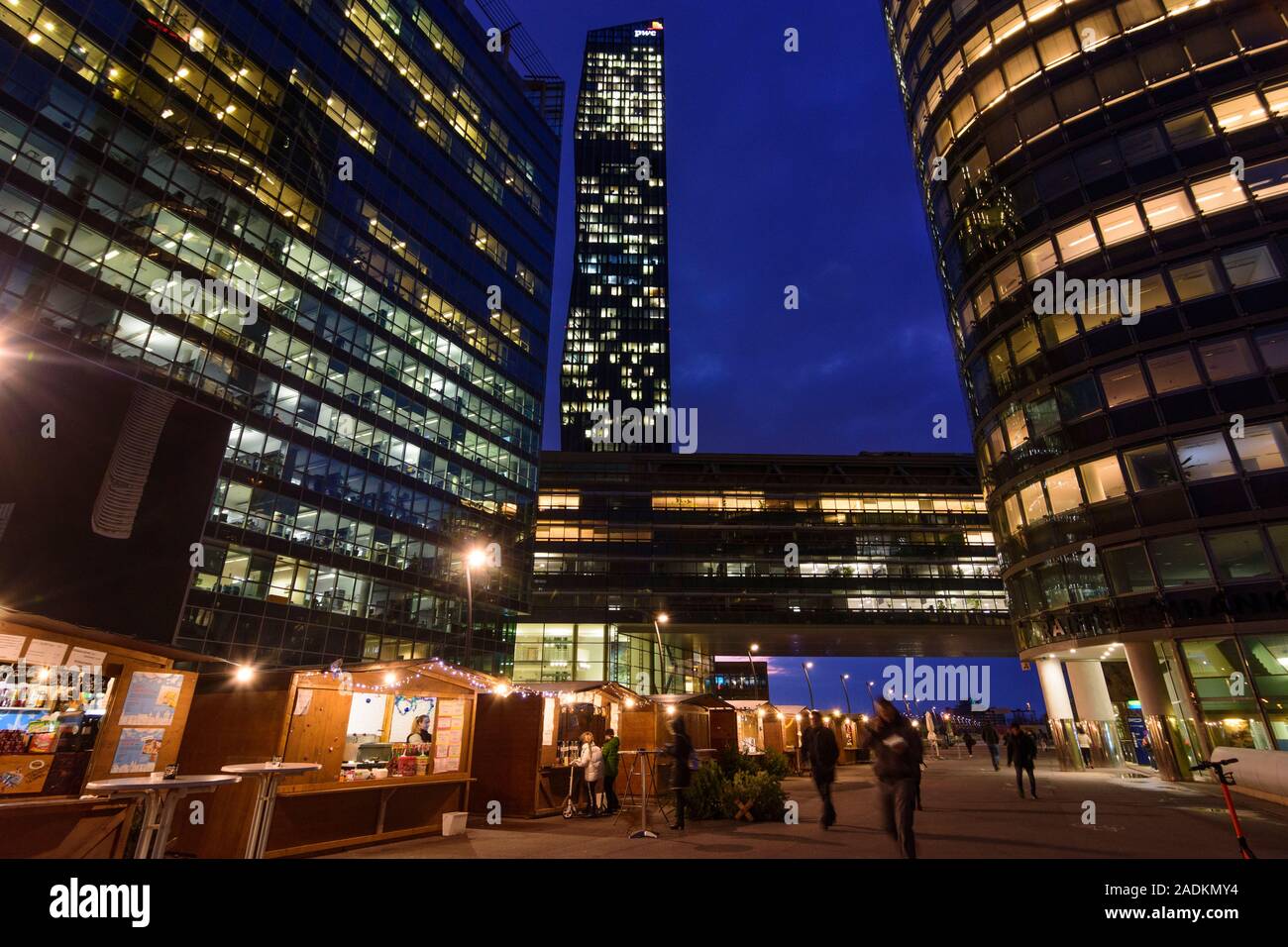 Wien, Vienna: building Tech Gate Vienna (left), DC Tower 1, Christmas market in 22. Donaustadt, Wien, Austria Stock Photo