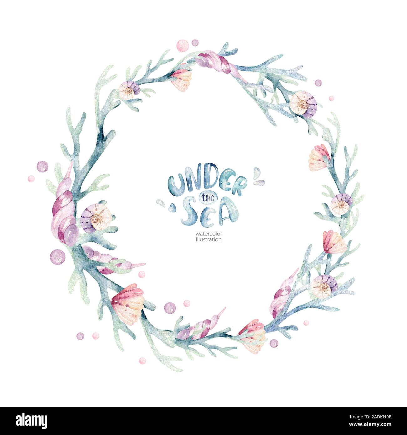 Set of sea animals wreath. Blue watercolor ocean fish, turtle, whale