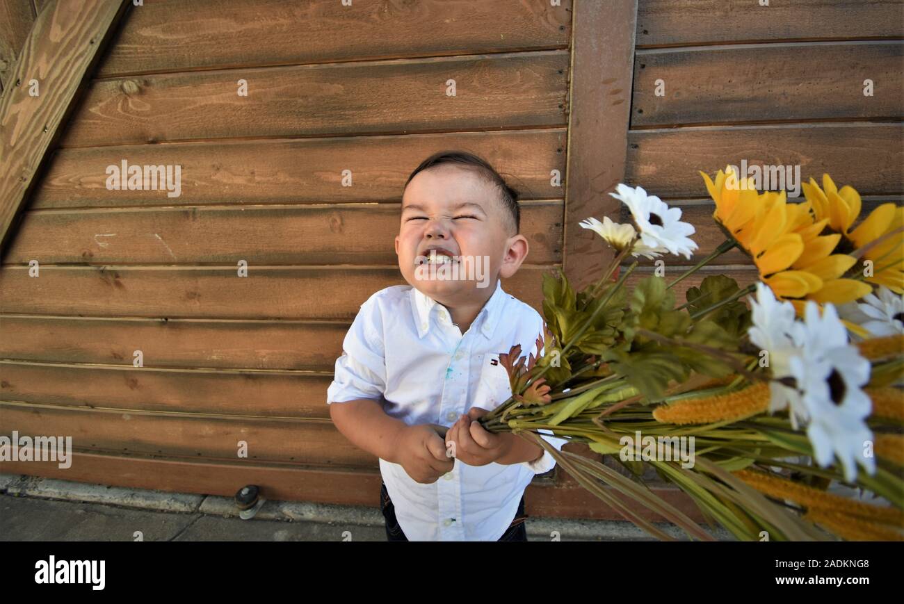 Toddler boy making funny face grimace during family event with flowers grinding teeth showing off Stock Photo