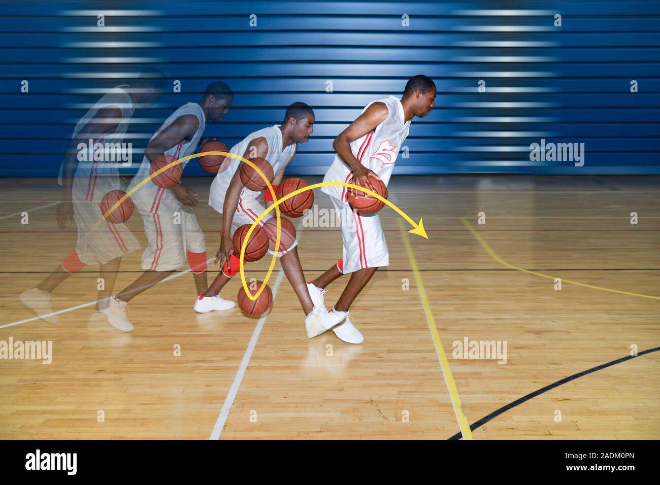 Basketballer dribbling. Composite highspeed photograph of a basketball