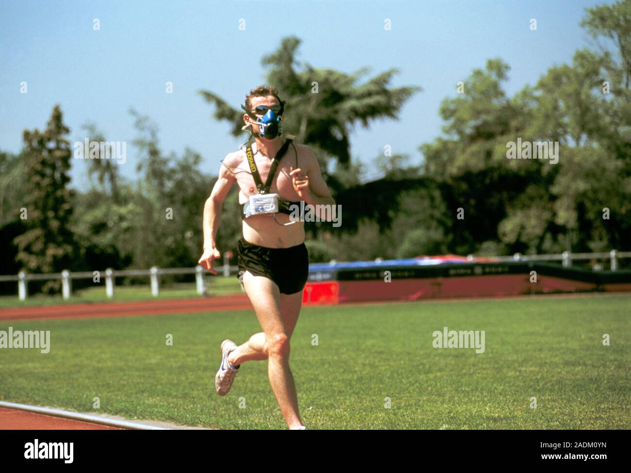 Athletics research. Athlete wearing a portable metabolic testing system