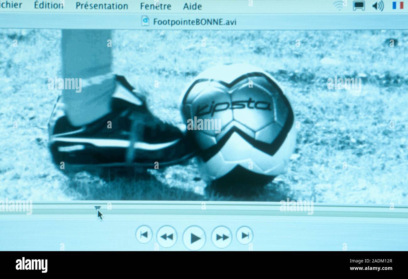 Football research. Computer screenshot of a high-speed photograph of a ...