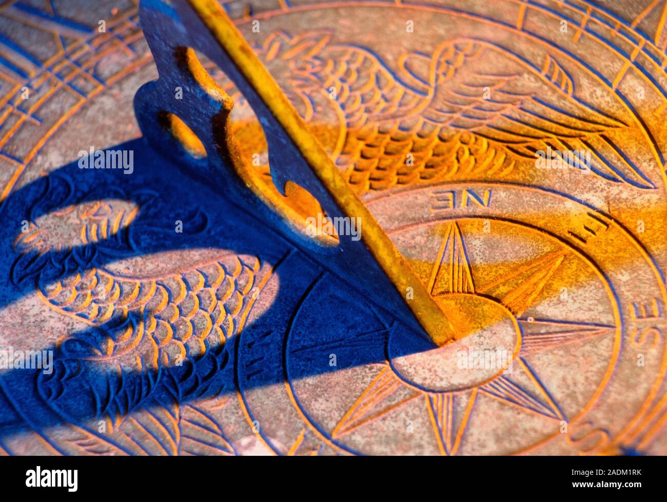 Sundial. Closeup view of the face of a sundial with its triangular