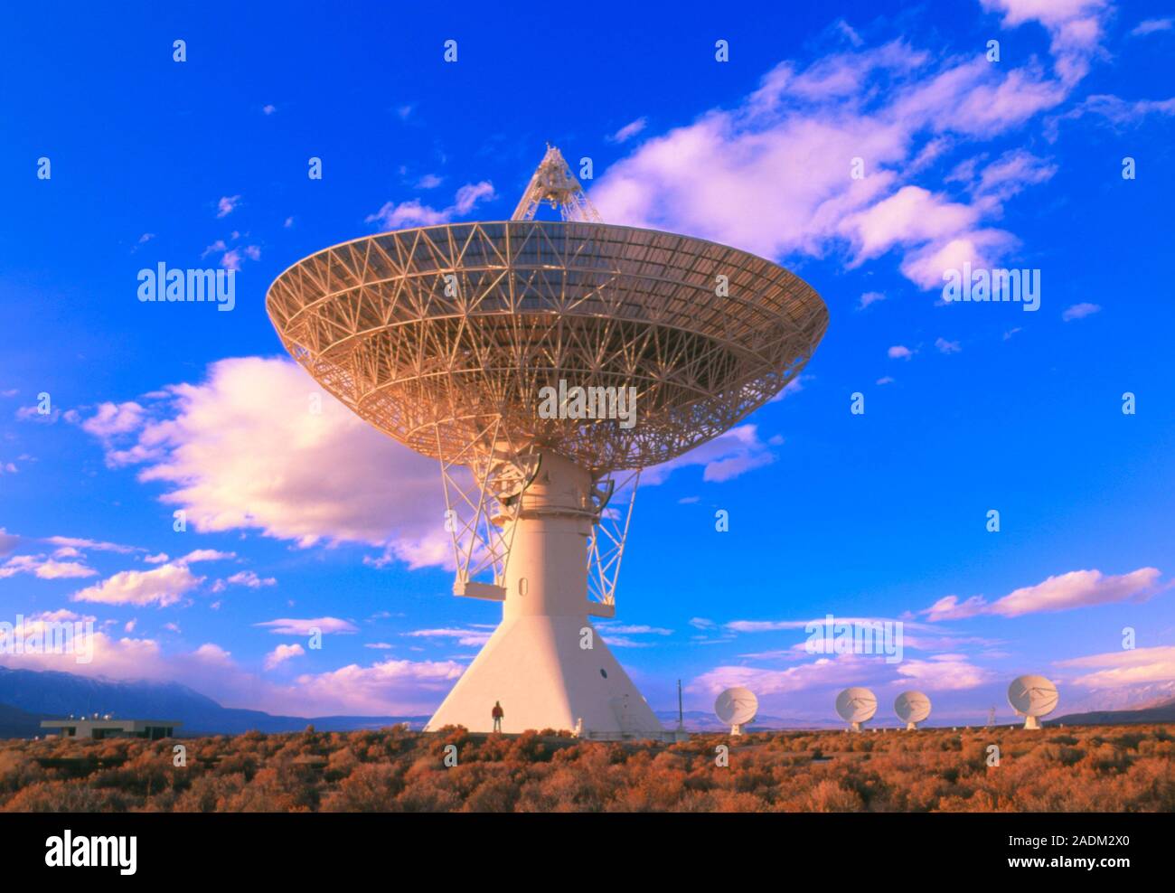 Cosmic microwave telescope. Daytime view of the dish antenna of a radio