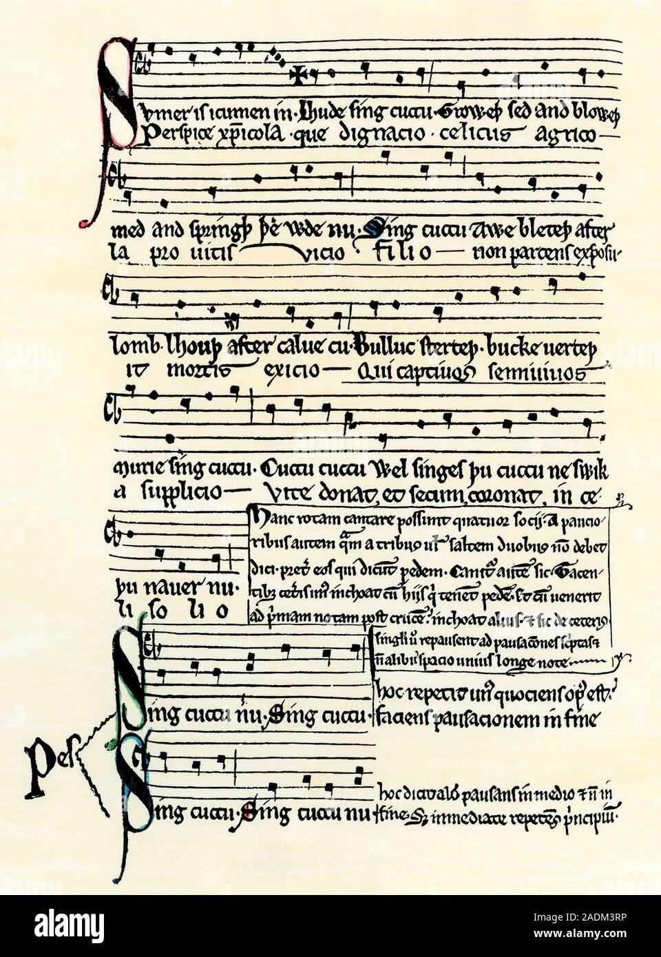 Old English spring song manuscript, Middle Ages. Woodcut reproduction with a watercolor wash Stock Photo