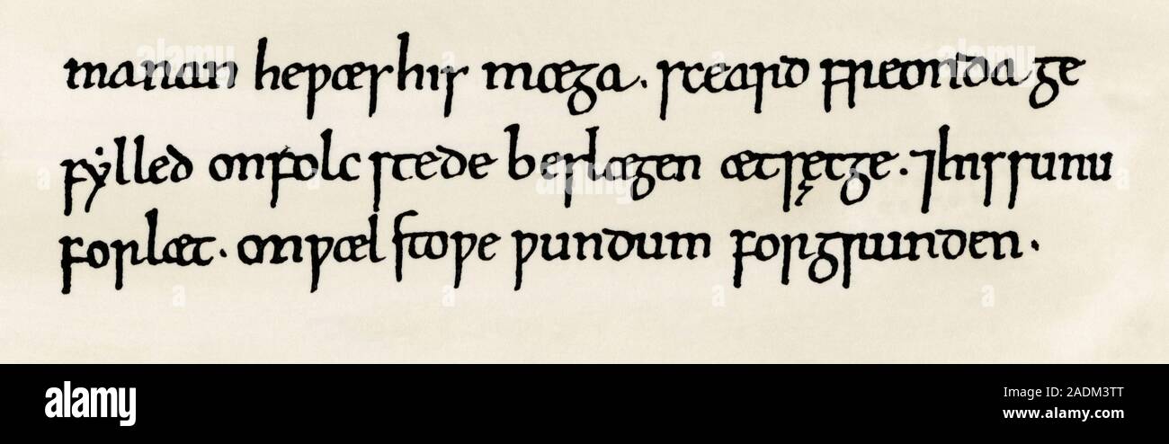 Old English miniscule script, 1000s. Woodcut reproduction with a watercolor wash Stock Photo