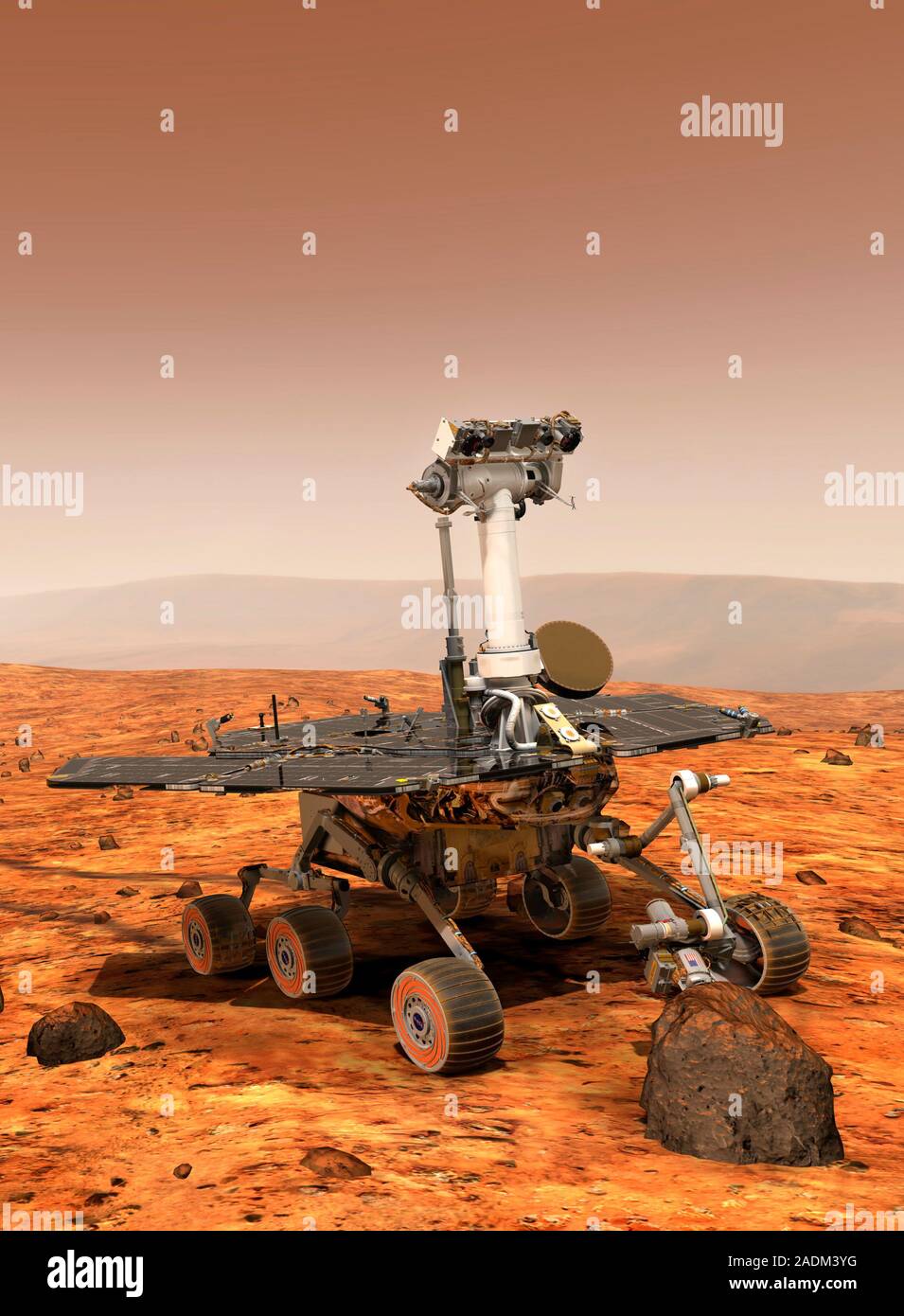 Mars Exploration Rover on the surface of Mars, artwork. The first of