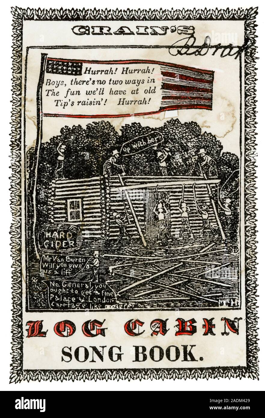 Cover of song book used in William Henry Harrison's presidential campaign, 1840. Hand-colored woodcut Stock Photo