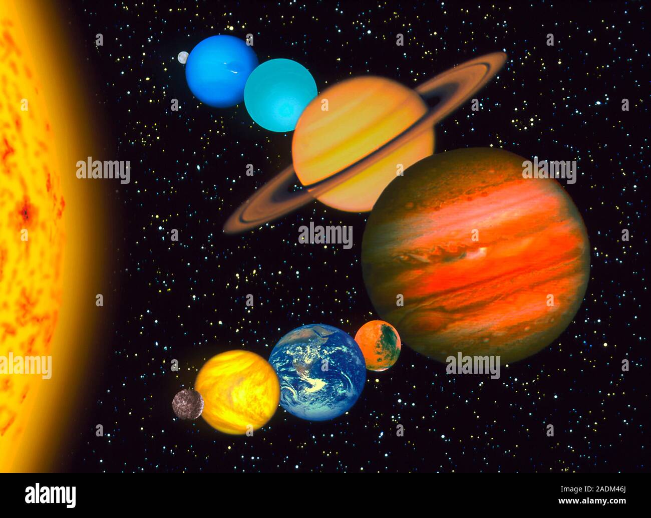 The Solar System. Computer composite image of the nine planets of the ...