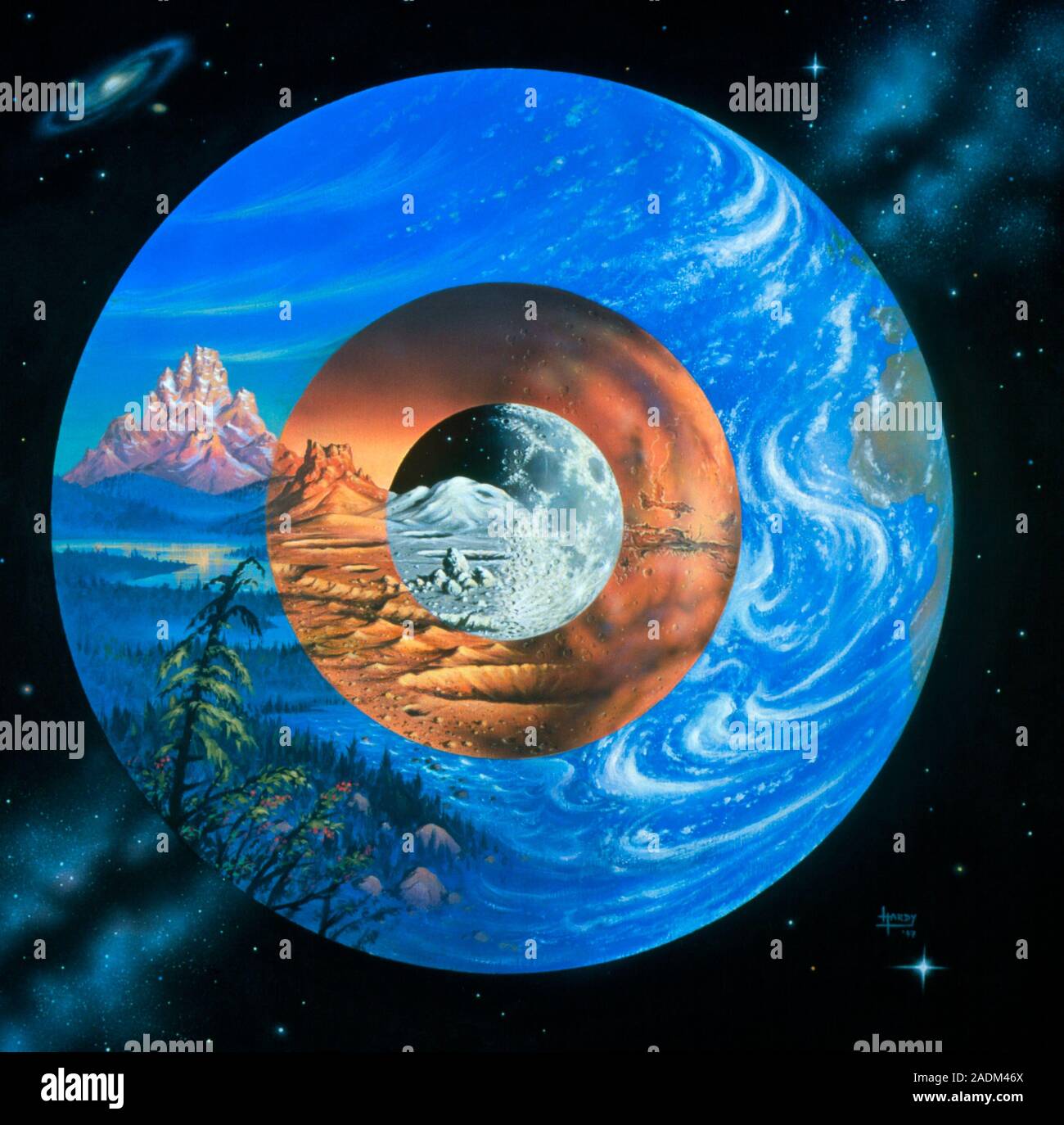 Earth, Moon, Mars. Artwork comparing the sizes of Earth, Moon and Mars