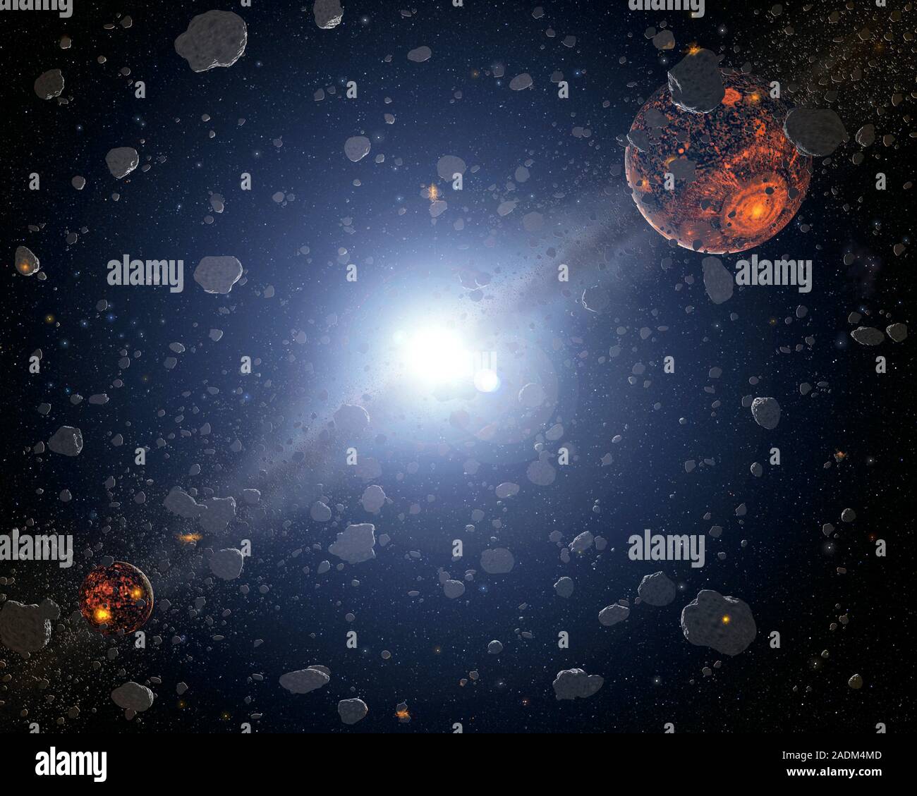 Planetary formation. Computer artwork of numerous small rocky bodies ...