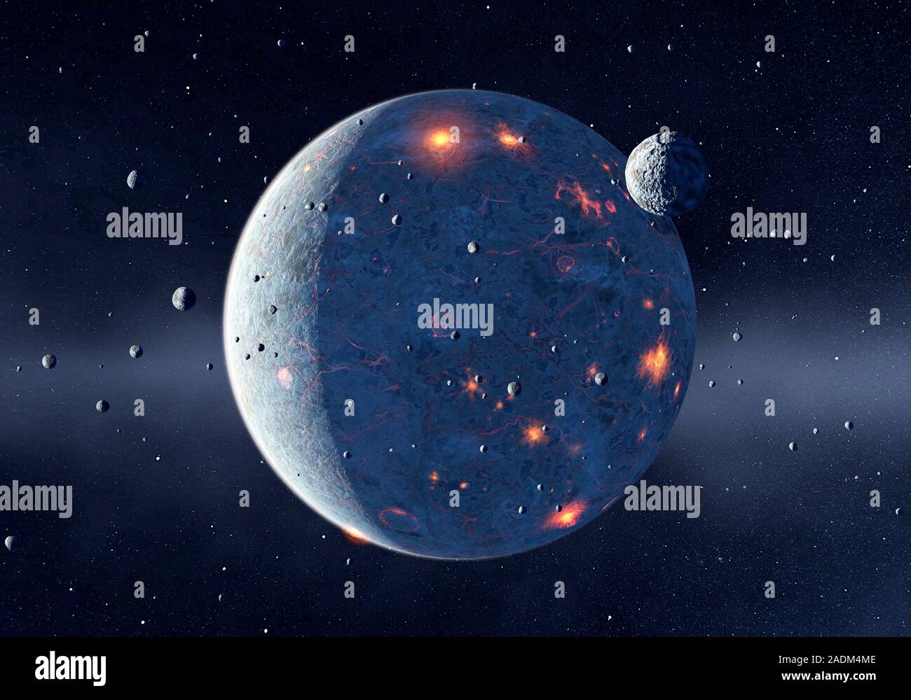 Planetary formation. Computer artwork of numerous small rocky bodies ...