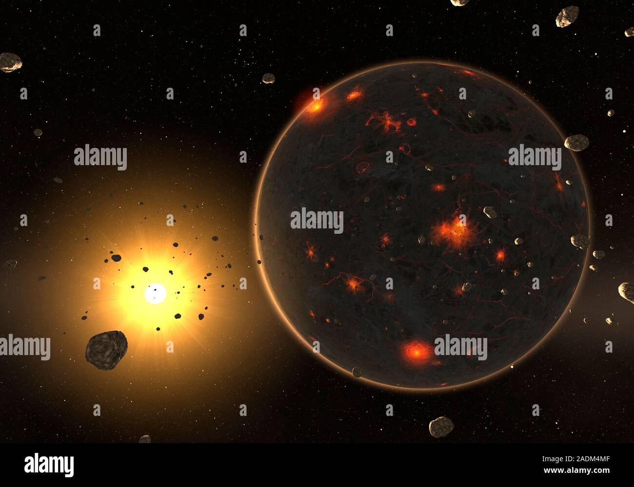 Planetary formation. Computer artwork of numerous small rocky bodies ...