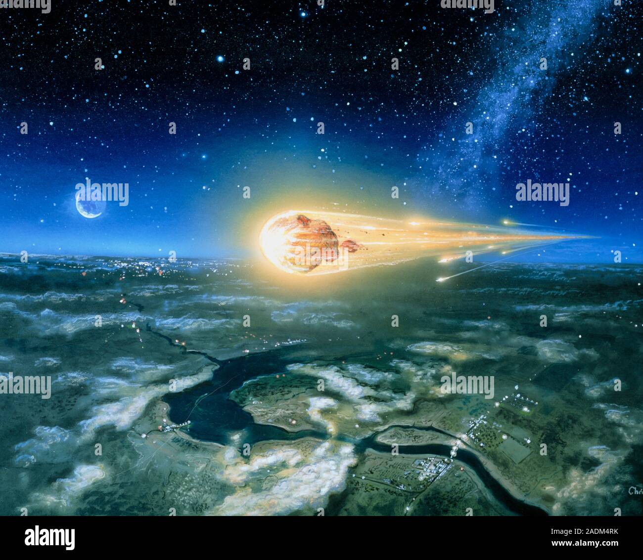 Meteor. Artwork of a meteor entering the Earth's atmosphere above a