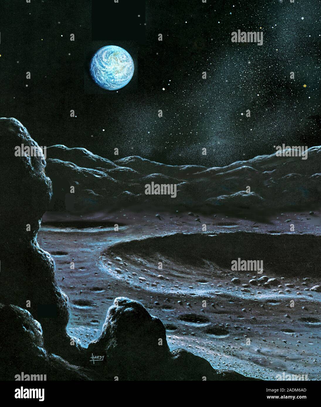 Earth from Moon. Artwork of the Earth seen from the surface of the Moon ...