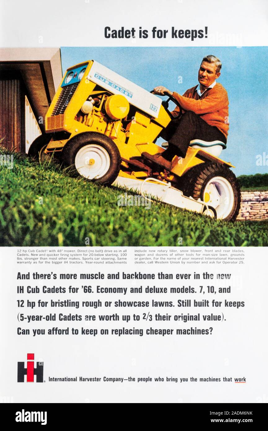 1966 magazine advert for cadet sit-on mowers from International Harvester. Stock Photo