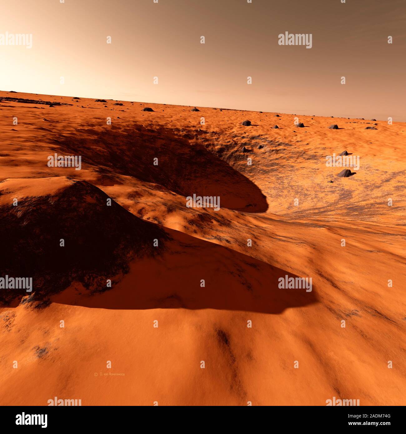 Martian landscape. Artwork showing an impact crater on a Martian