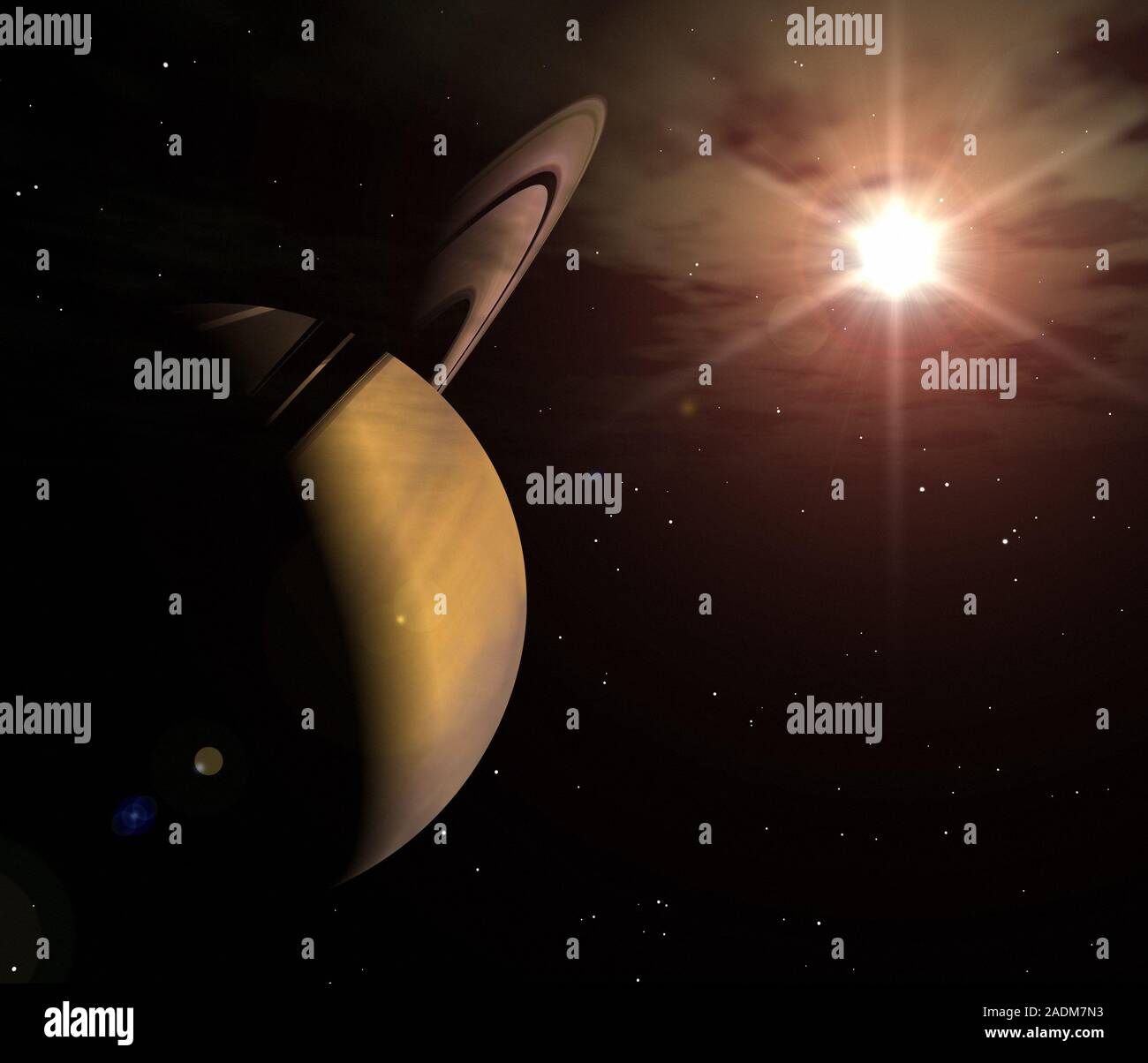 Saturn. Computer artwork of the ringed gas giant planet Saturn (left ...