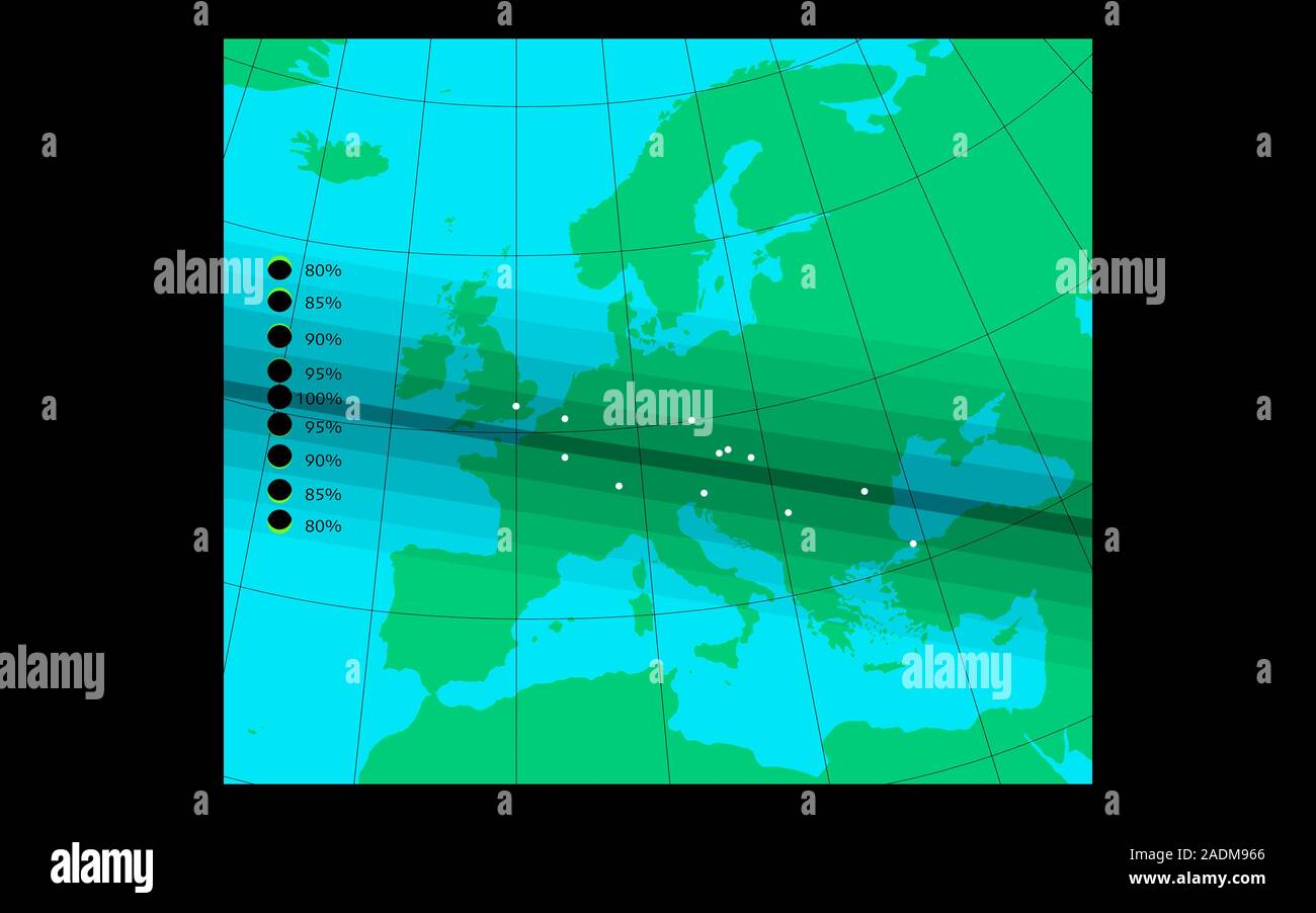 Solar eclipse. Map of Europe showing the pathway of the solar eclipse