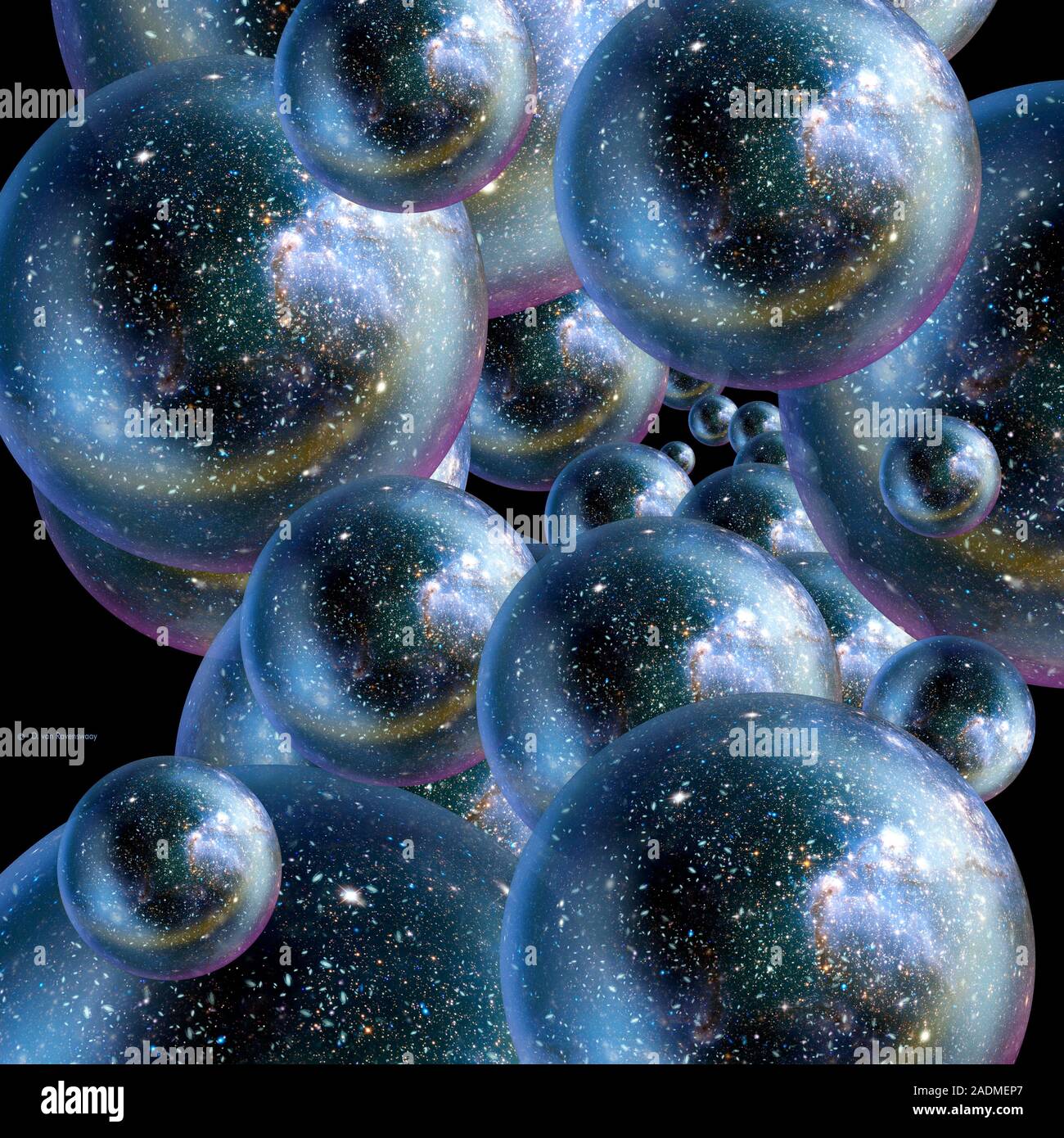 Bubble universes. Conceptual computer artwork of several 'bubble' universes that may have formed in the early universe. The term Big Bang describes th Stock Photo