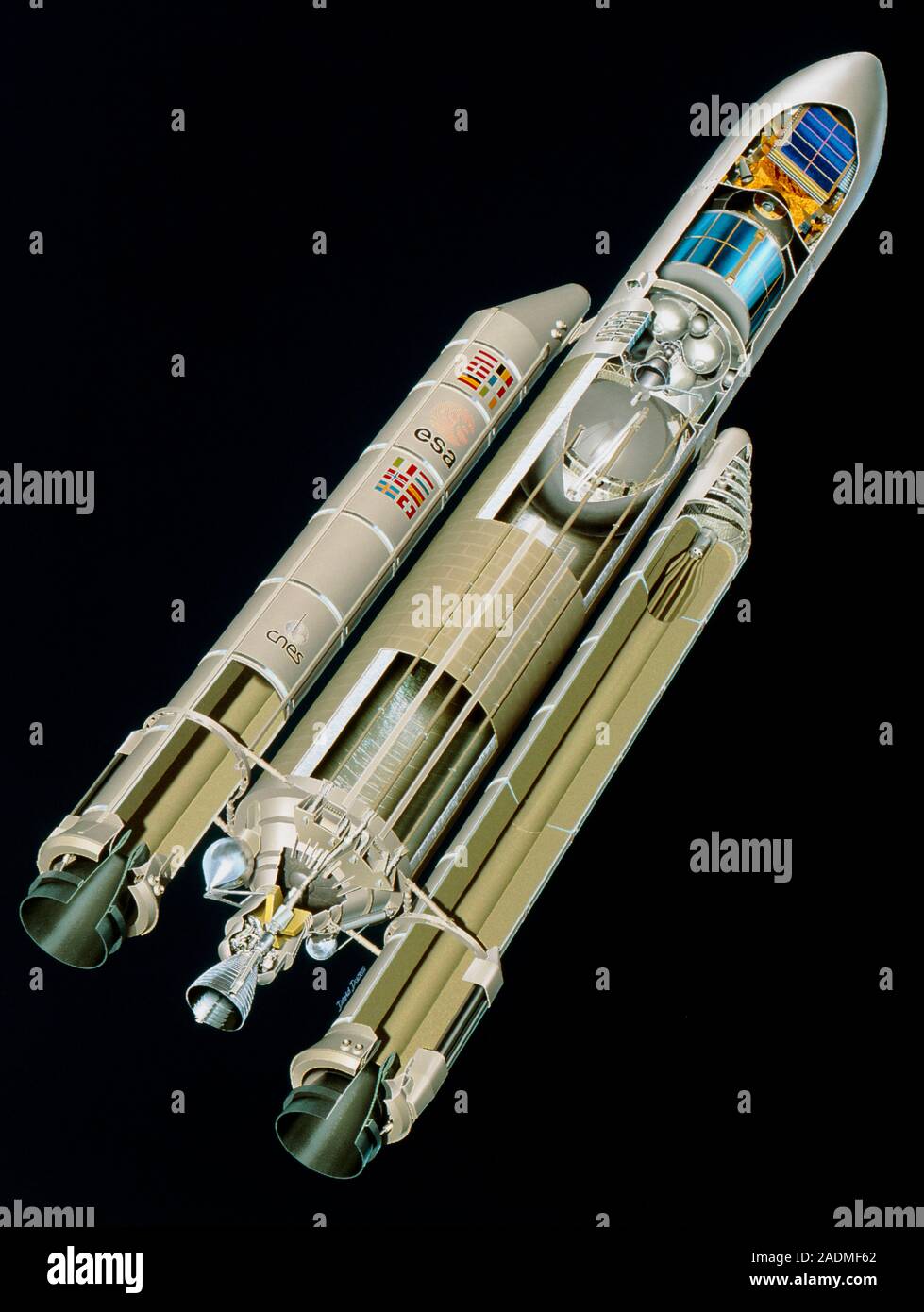 Ariane 5 rocket. Artwork showing a cut-away view of the European Ariane 5 launcher. Ariane 5 consists of a large first stage (lower 2/3rds of the cent Stock Photo