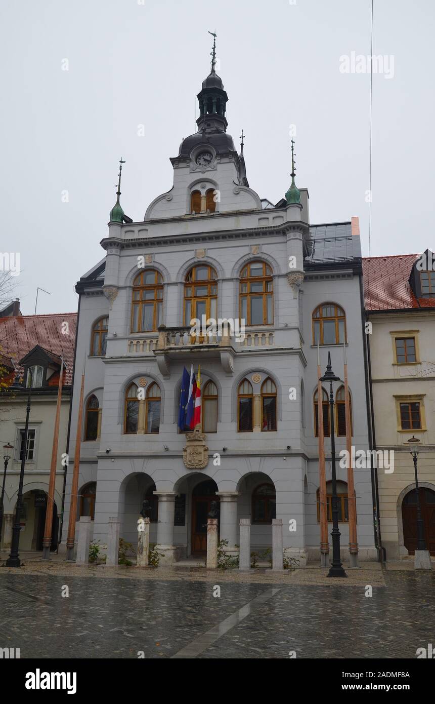 Die Kleinstadt Novo Mesto, Rudolfswerth, in Slowenien: das Rathaus Stock Photo