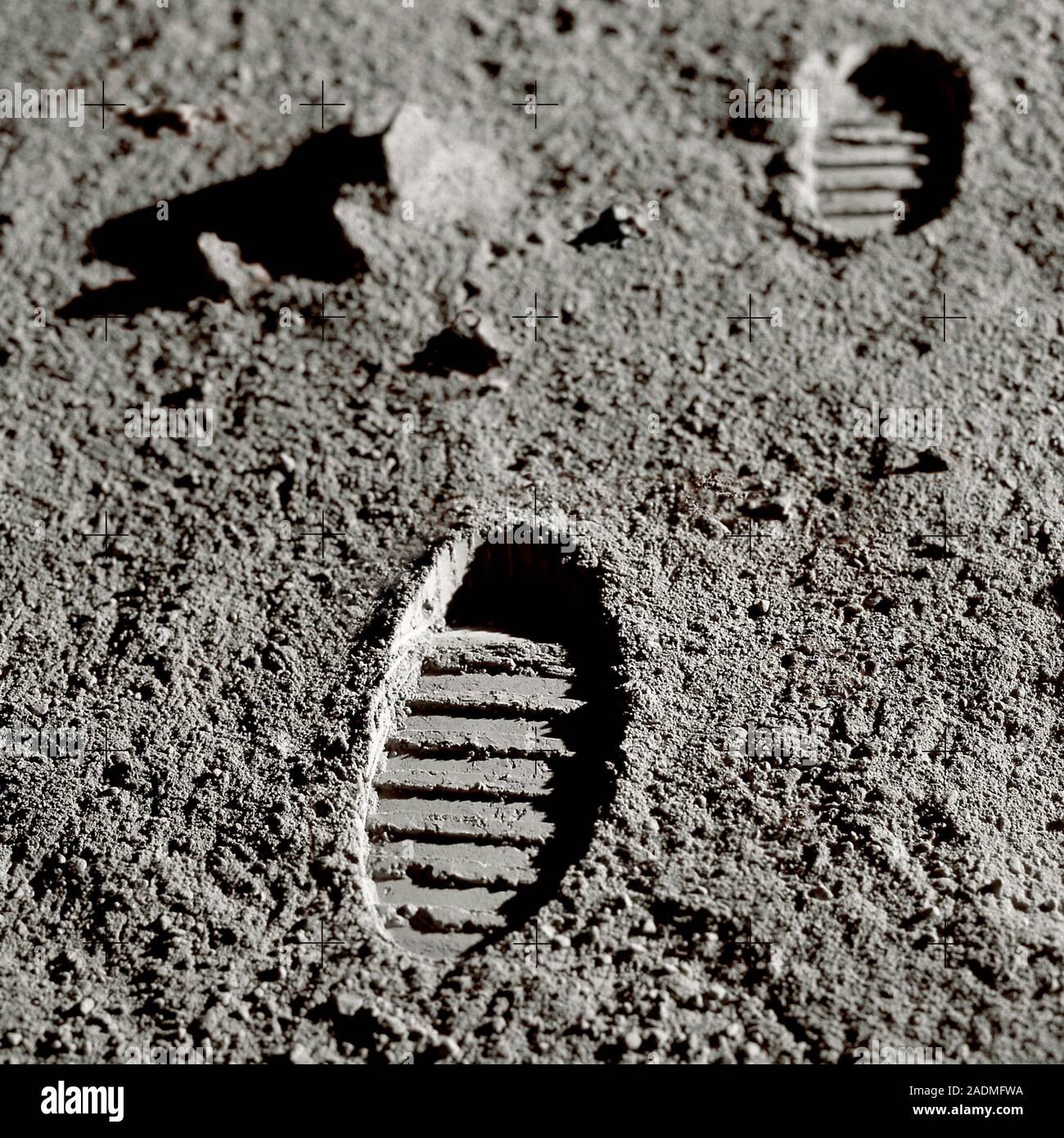 Astronaut footprints on the Moon. Computer artwork recreating a photograph of boot imprints left by astronauts on the Moon. A total of twelve US astro Stock Photo