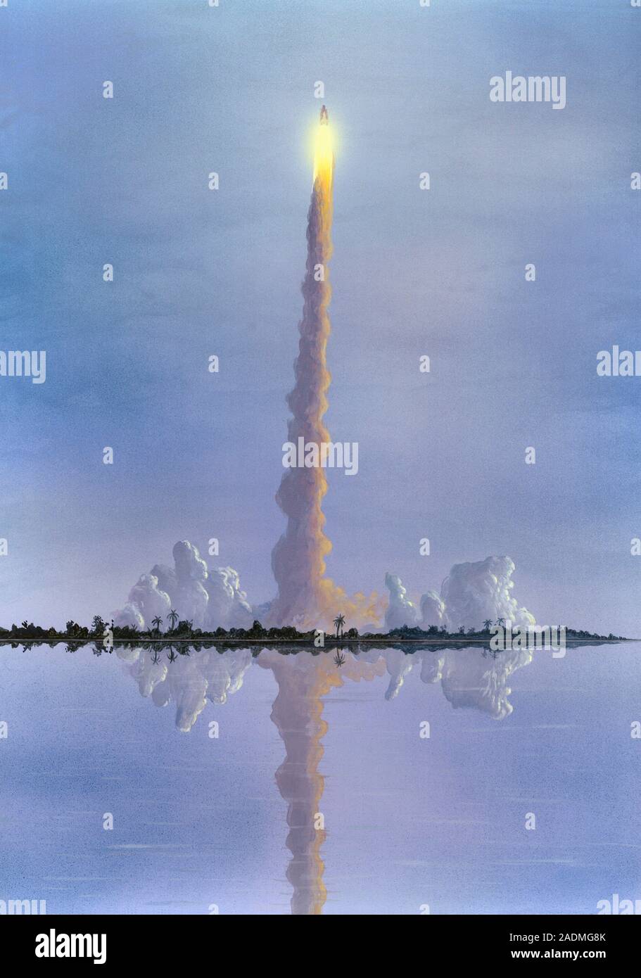 Space Shuttle launch, artwork. The Space Shuttles were spacecraft