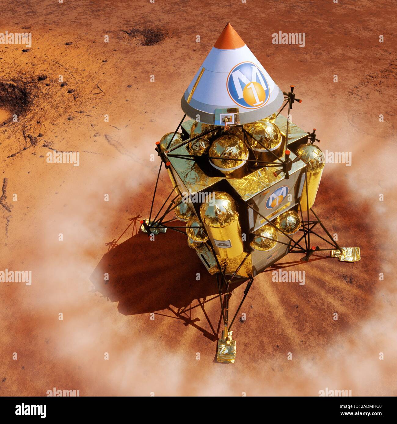 Spacecraft landing on Mars. Artwork of a spacecraft landing from a