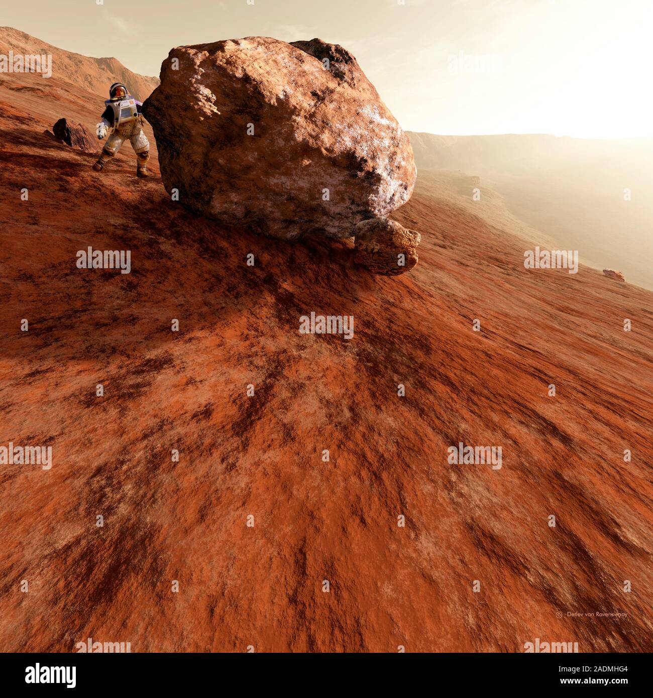 Astronaut on Mars. Artwork of an astronaut on Mars inspecting a Martian