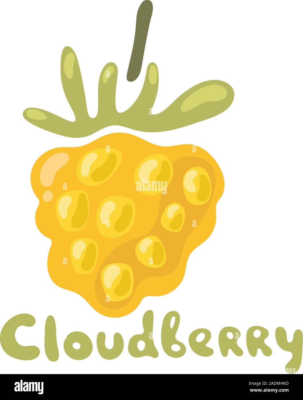 Orange cloudberry berry flat icon with inscription. Single Cloudberry with Leaves. Colorful Icon vector illustration of eco food isolated on white. Stock Vector