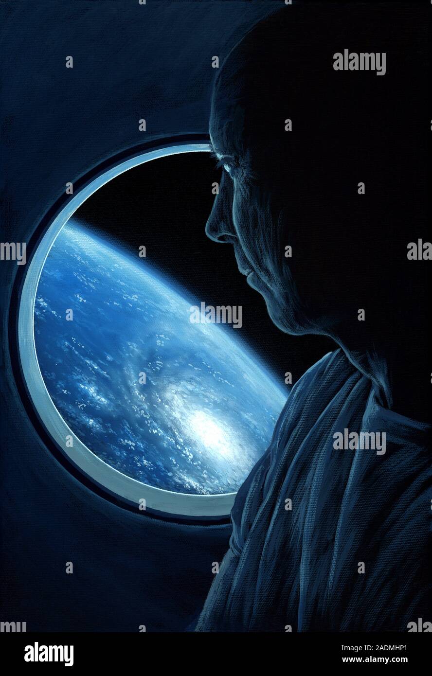 Space tourism. Artwork of a space tourist looking at the Earth through a spacecraft window while in orbit. The first space tourist was Dennis Tito, a Stock Photo