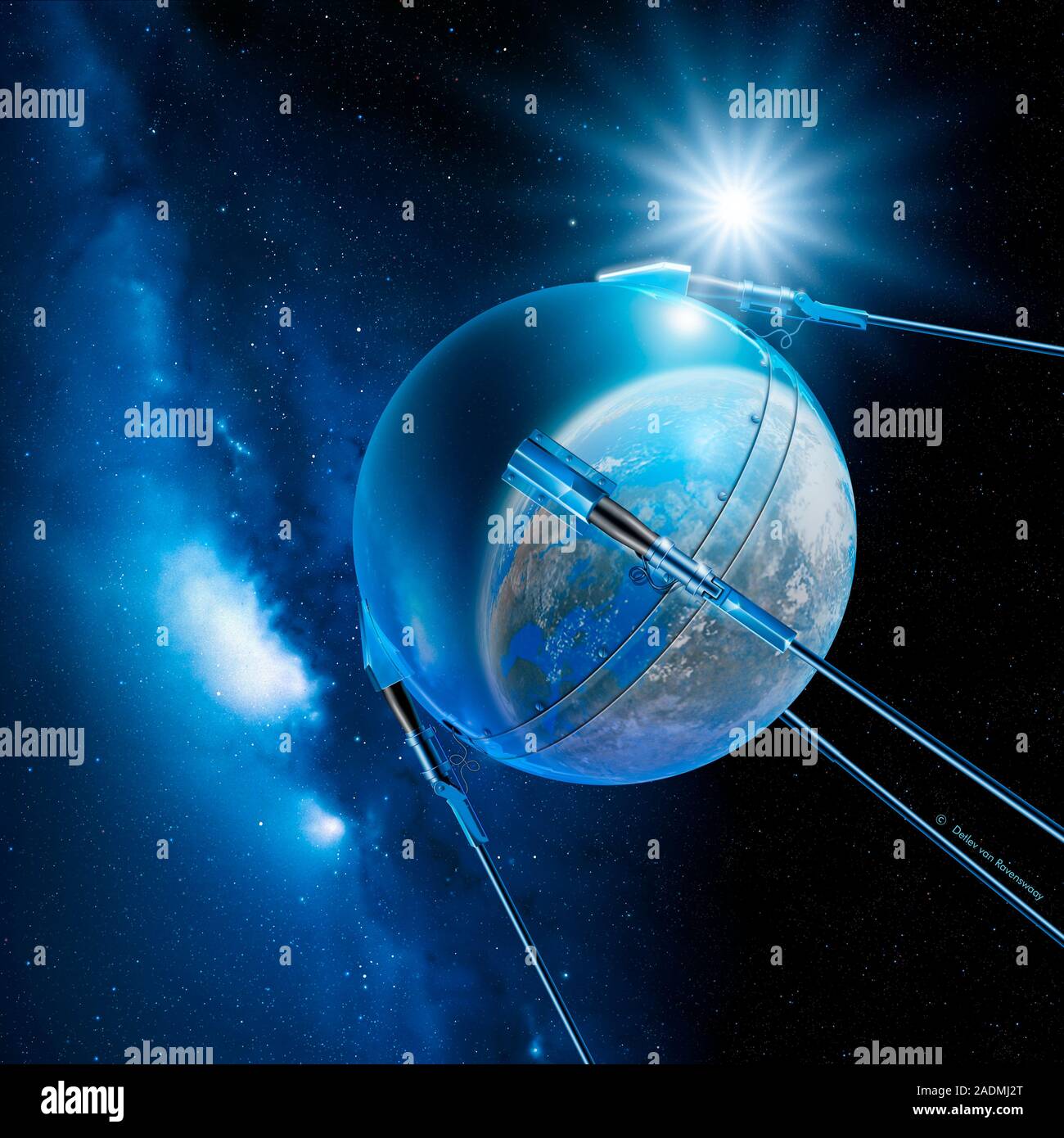 Sputnik 1. Artwork of Sputnik 1, the world's first artificial satellite. Earth is reflected on the satellite's surface. The Sun and Milky Way are in t Stock Photo - Alamy